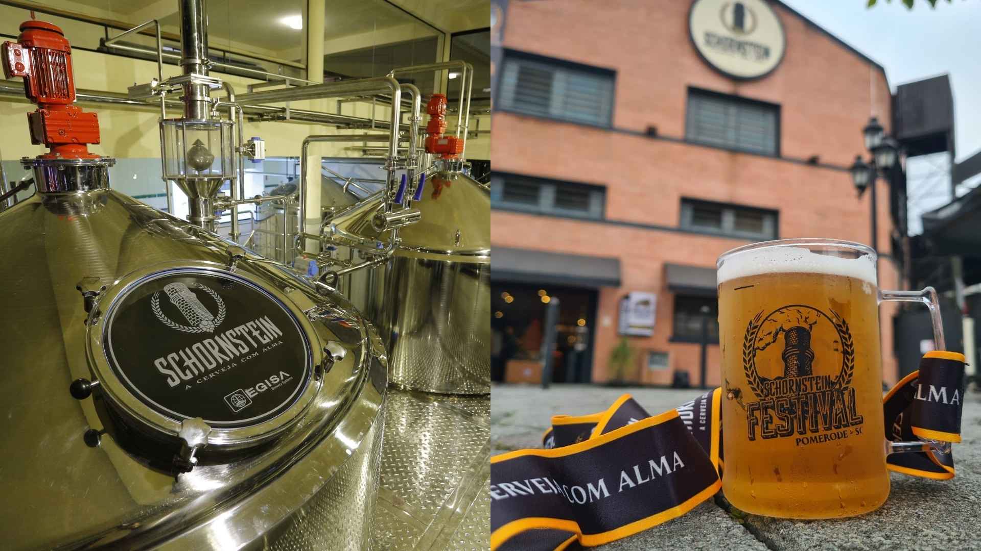 Schornstein serve chope da fábrica ao lado e cozinha alemã no centro de Pomerode